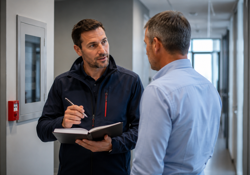 Technicien DEF analysant une installation incendie